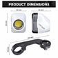 Bike light product dimensions diagram with front lens and handlebar mount