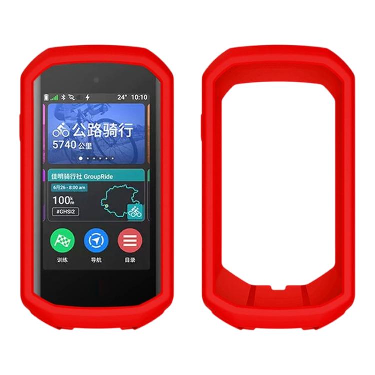 Red silicone protective cover for bike GPS, front screen and open back view