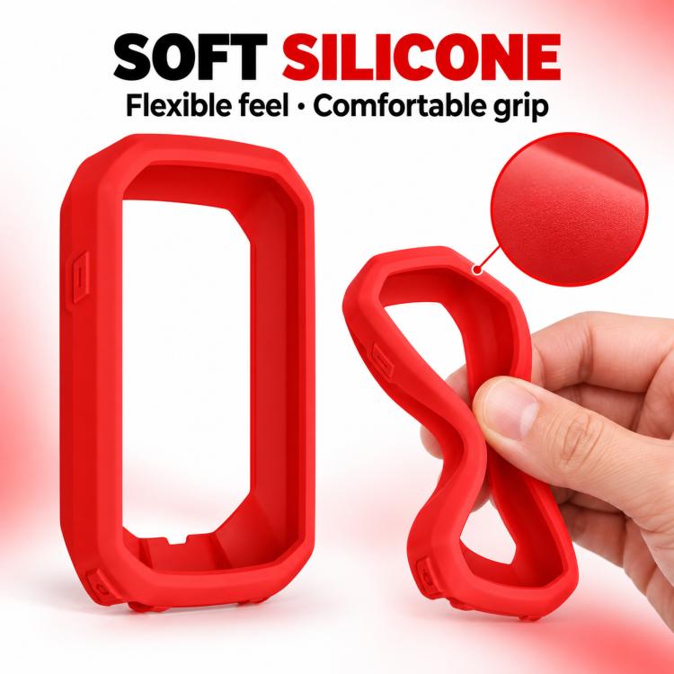 Red silicone protective cover with flexible grip, held by hand