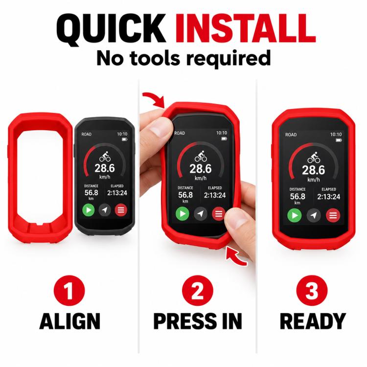 Red silicone protective cover, shown aligning and pressing into place