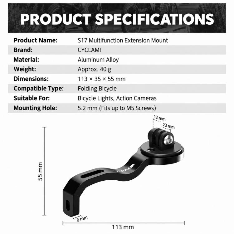 CYCLAMi S17 Folding Bike Fork Light Mount Aluminum Extension Base, S17