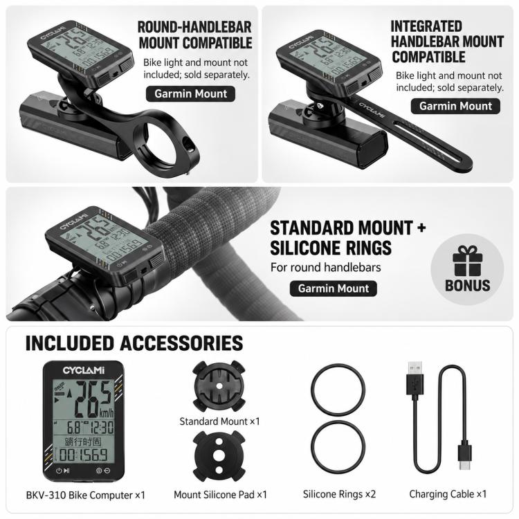 CYCLAMi BKV310 GPS Bicycle Computer Cycling Speedometer for Road & MTB, Only Odometer, With S2 Bracket, With S8 Bracket, With One-Piece Handlebar Bracket
