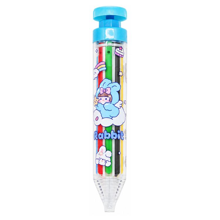 Blue retractable click crayon with clear barrel and colored lead inside, rabbit design