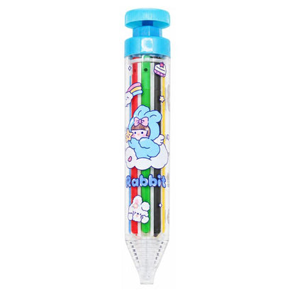 Blue retractable click crayon with clear barrel and colored lead inside, rabbit design