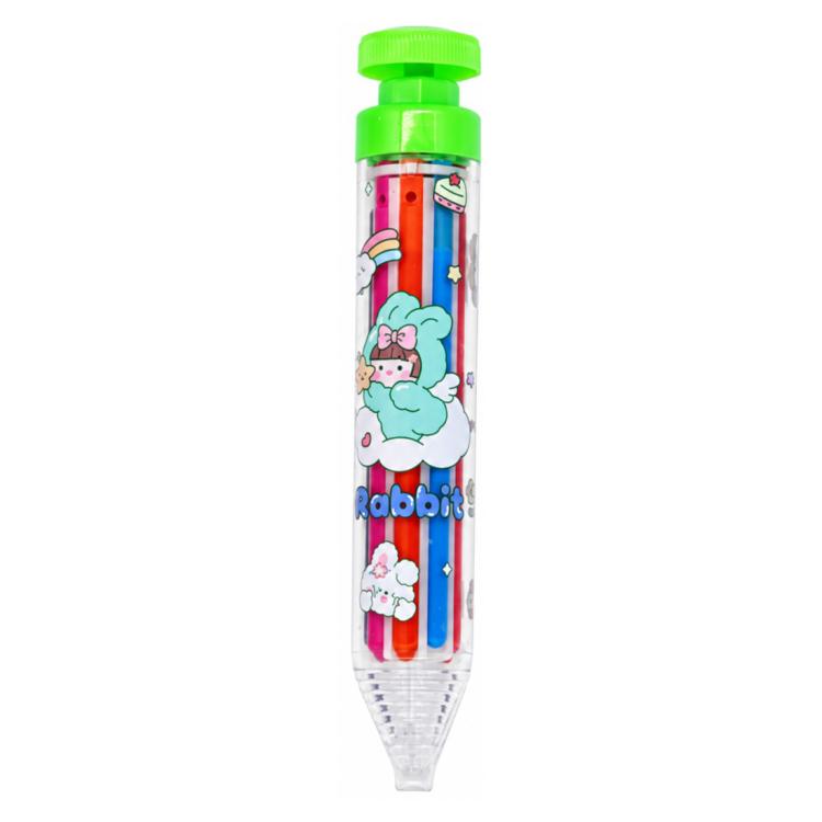 Green retractable click crayon with clear barrel and colored leads inside, rabbit print