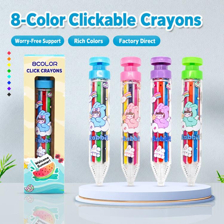 Set of retractable click crayons with blue, pink, purple, and green caps in clear holders