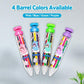 Four retractable click crayons with pink, blue, green, and purple caps in clear holders