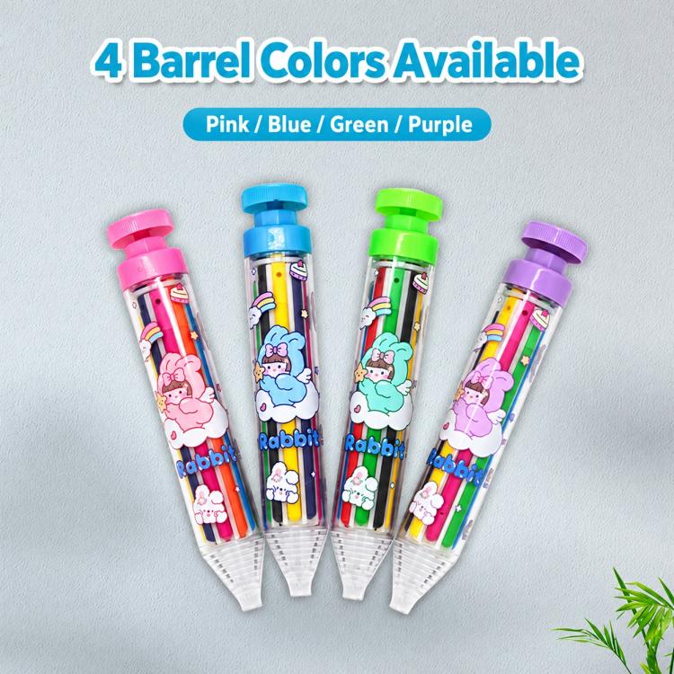 Four retractable click crayons with pink, blue, green, and purple caps in clear holders