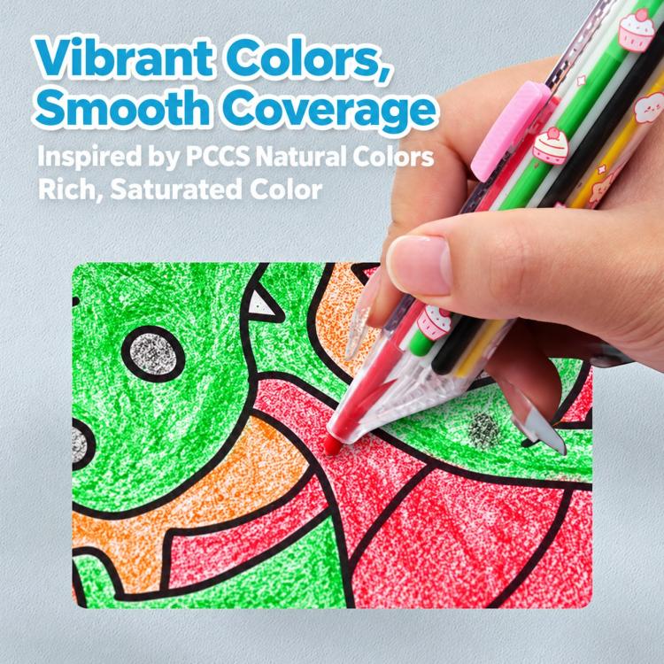 Pink-capped retractable click crayon drawing with colored lead on a colorful pattern