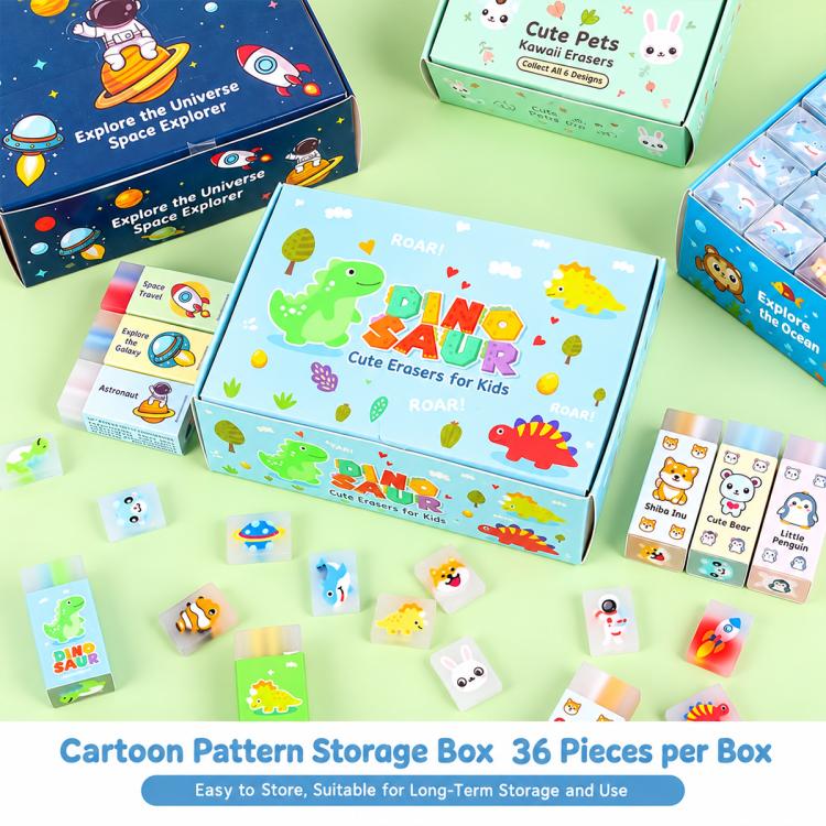 Kids cartoon eraser storage box set with colorful dinosaur and animal erasers