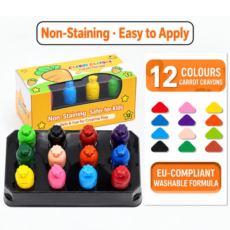 Carrot crayon set box with 12 colors and a lineup of colored crayons