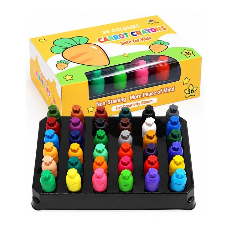 Washable color crayon set with 36 carrot-shaped crayons in a boxed tray