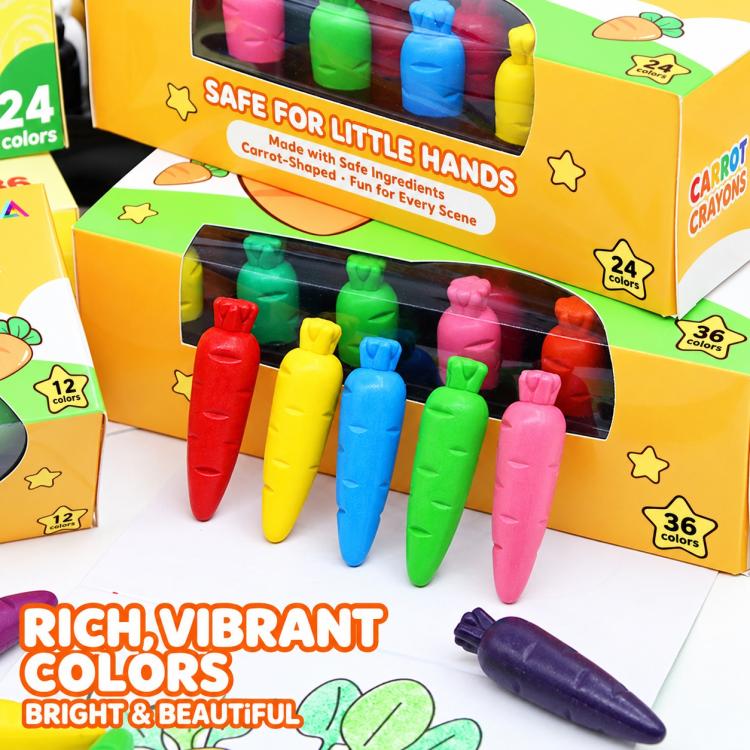 Close-up of boxed carrot crayon set with multicolor crayons and a few loose crayons
