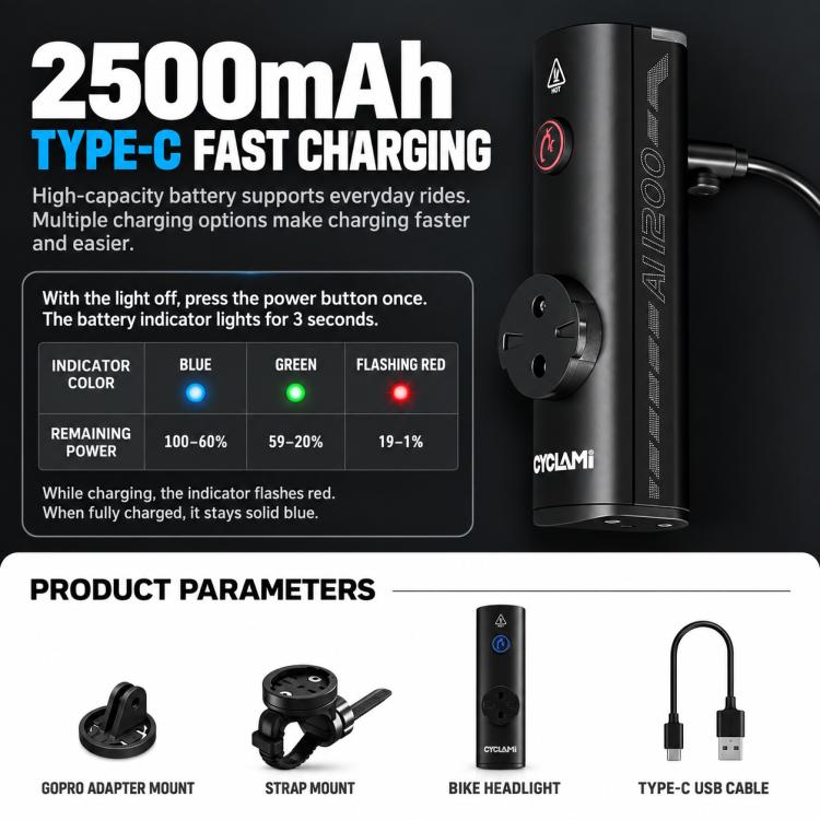 CYCLAMi AI1200 Waterproof Bicycle Front Light Bright Flashlight for Night Riding, AI1200