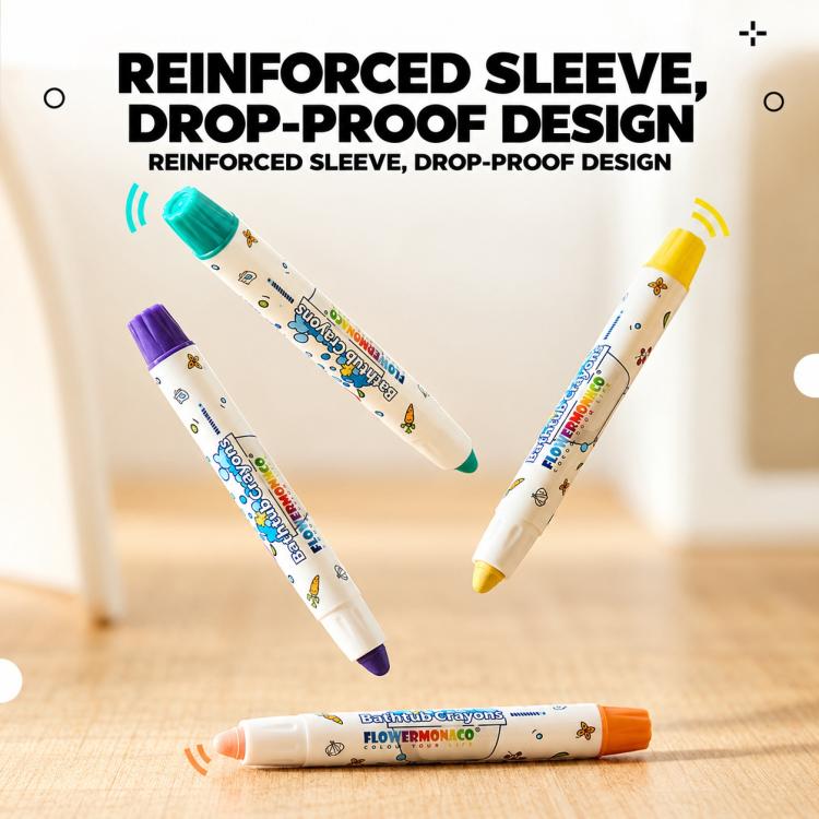 Reinforced-sleeve bathtub crayons, three colored tips visible on the floor