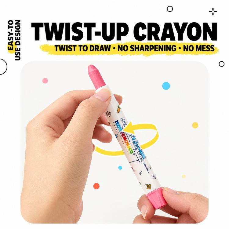 Twist-up crayon in hand with pink colored tip, packaged for children