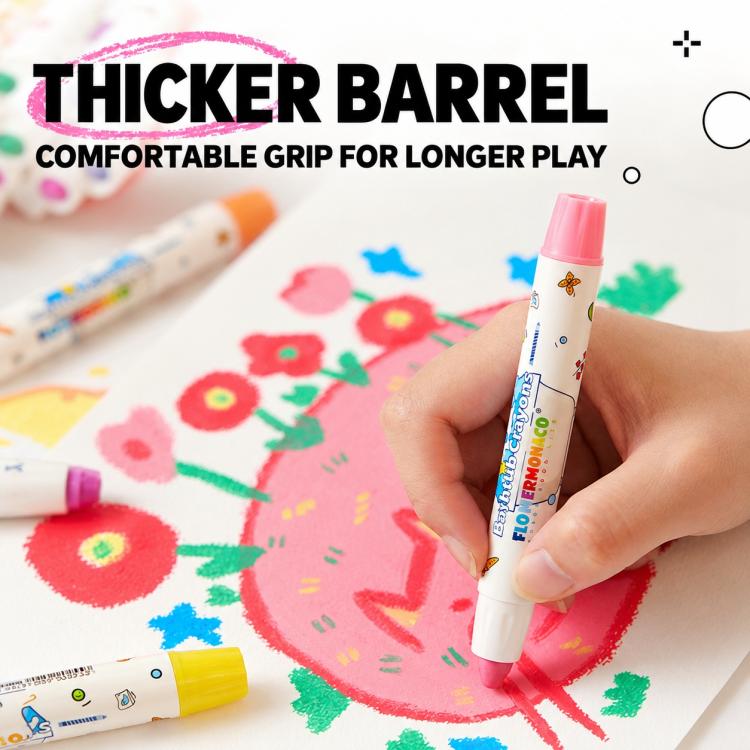 Thicker barrel bathtub crayon in hand drawing on colorful kids rug