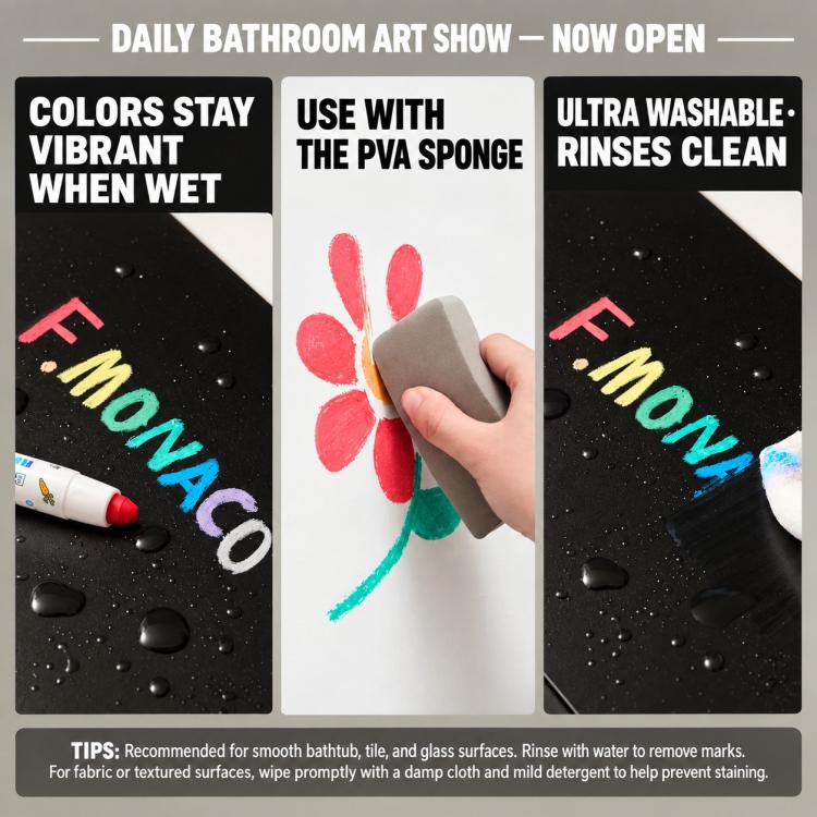 Washable bathtub crayons with sponge showing clean-up on glossy surfaces