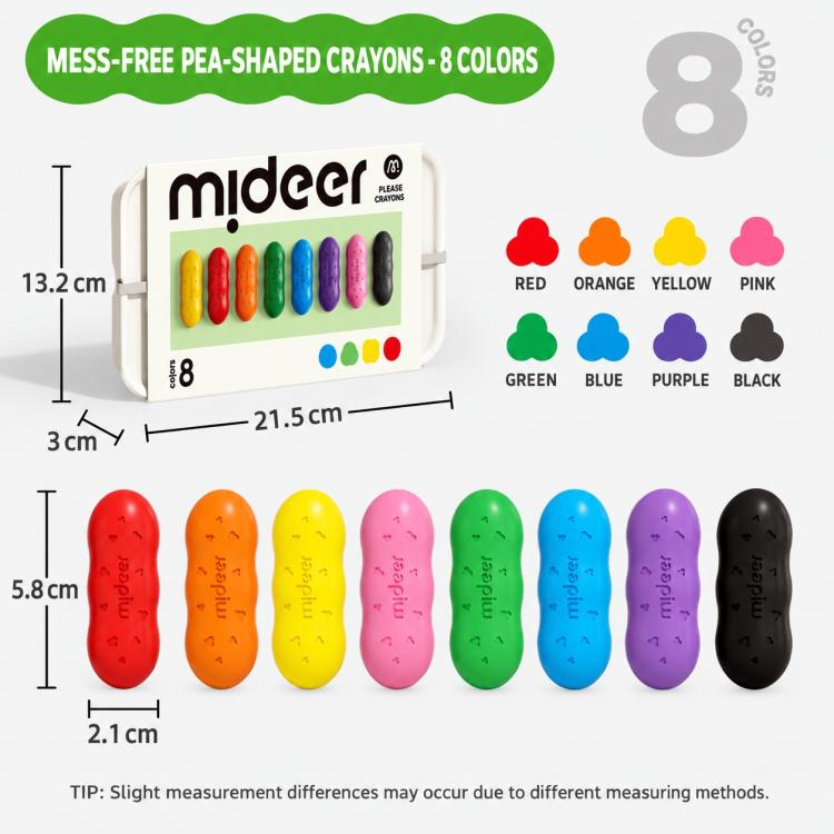 Pea-shaped crayons set in 8 colors: red, orange, yellow, pink, green, blue, purple, black