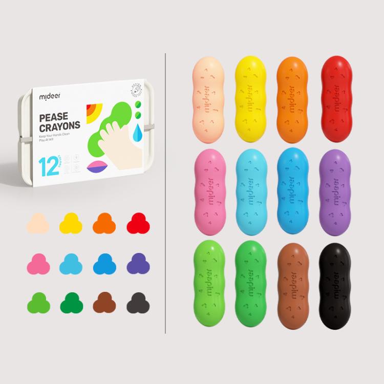 Pea-shaped crayons set in 12 colors, arranged in plastic storage box