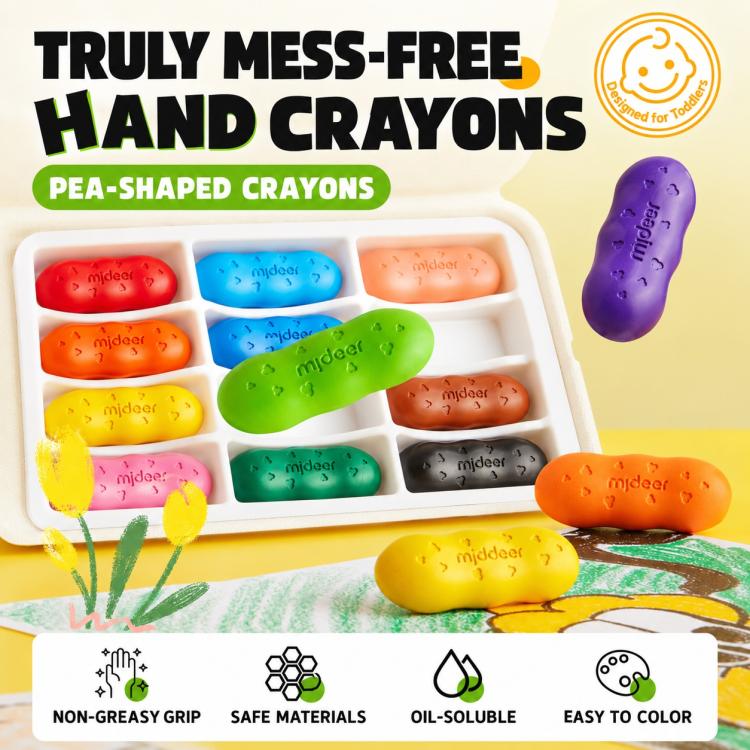 Pea-shaped hand crayons in a molded tray, with multiple rounded colored crayons
