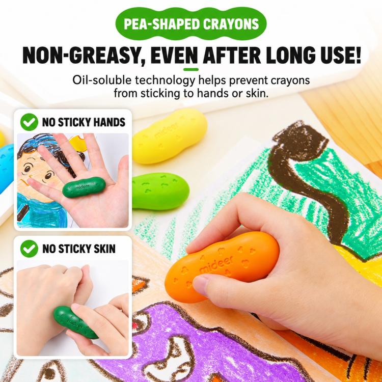 Pea-shaped crayons with rounded ends, hand coloring with an orange crayon