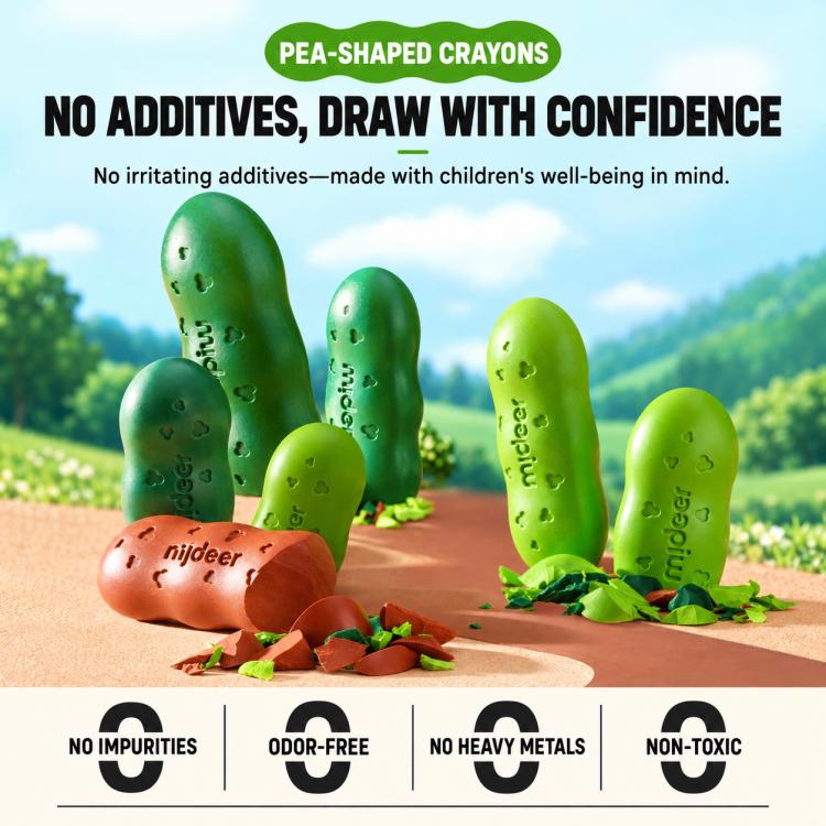 Pea-shaped crayons in green and earthy tones, grouped on a surface