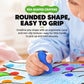 Pea-shaped crayons with rounded grip; child hand holding a blue crayon on paper