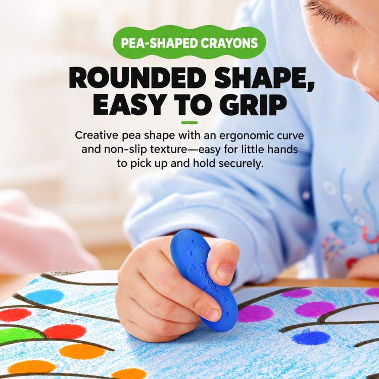 Pea-shaped crayons with rounded grip; child hand holding a blue crayon on paper