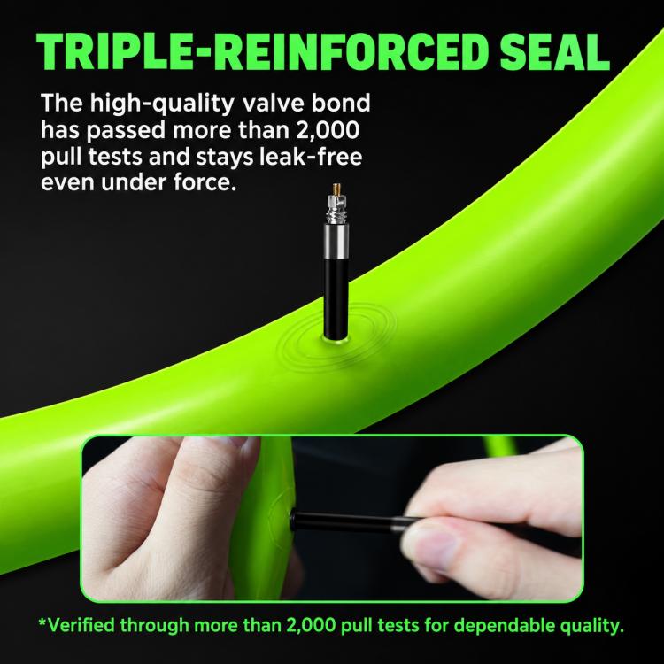 Bright green TPU inner tube with metal valve stem and reinforced seal detail