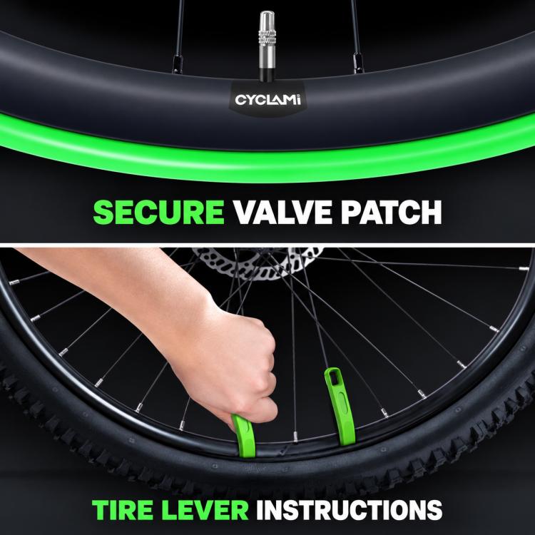 Green valve patch and tire lever helping secure a TPU inner tube on a wheel