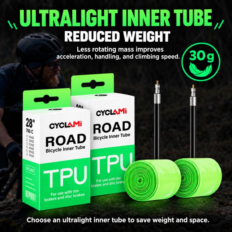 CYCLAMi TPU road bicycle inner tube set, green coils with valve and product boxes