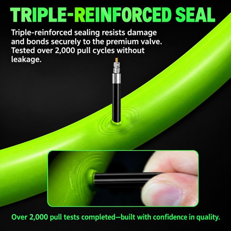 Green CYCLAMi TPU inner tube close-up with valve and reinforced seal area