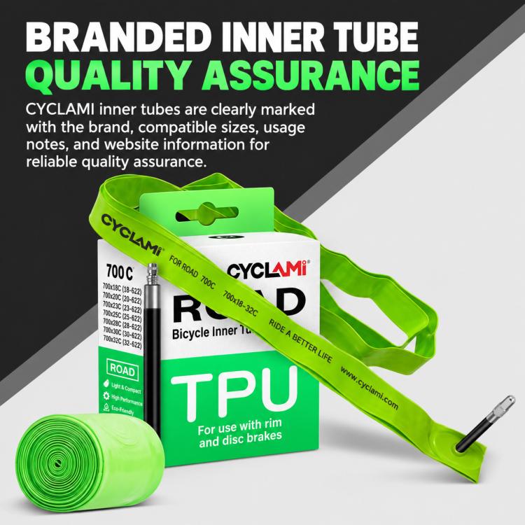 CYCLAMi branded TPU inner tube with retail box and rolled green tube