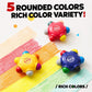 Five rounded colors pocket crayons shown with rich color crayon strokes