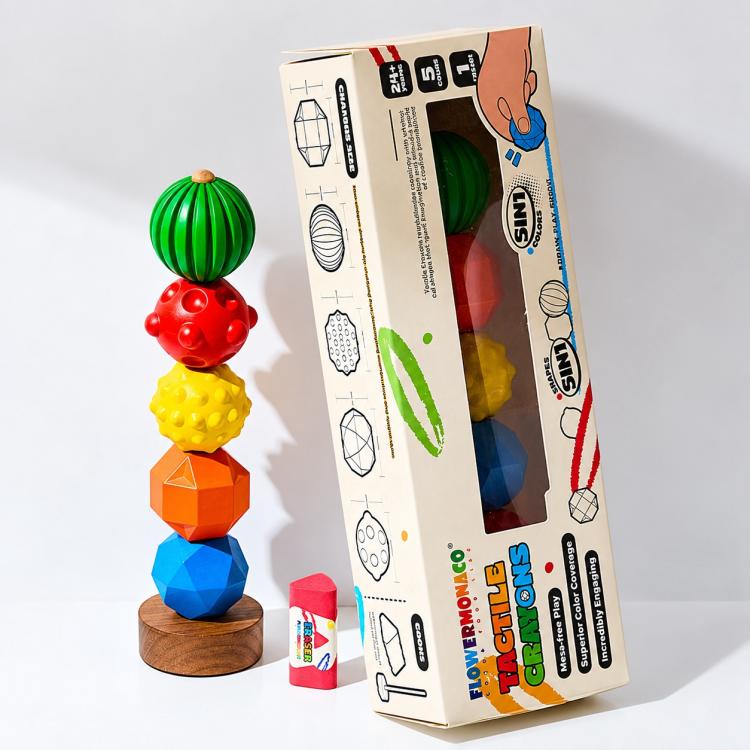 Children's tactile crayon set in boxed packaging with colored textured crayon pieces