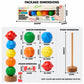 Tactile crayon size chart showing colored shapes and a wooden stand
