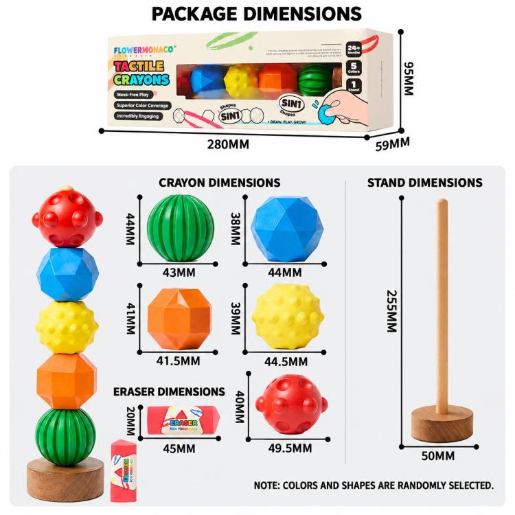 Tactile crayon size chart showing colored shapes and a wooden stand