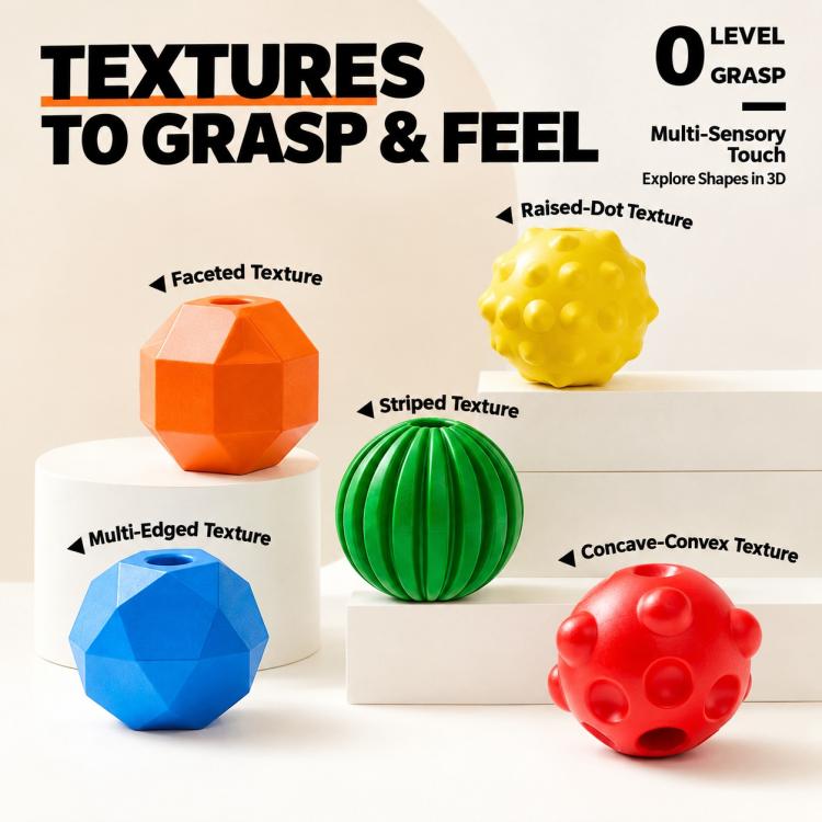 Textured tactile crayon shapes: striped green, raised yellow, faceted orange, blue