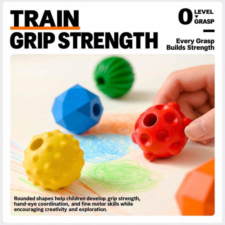 Textured tactile crayons in red, green, yellow, and blue with a child's grip