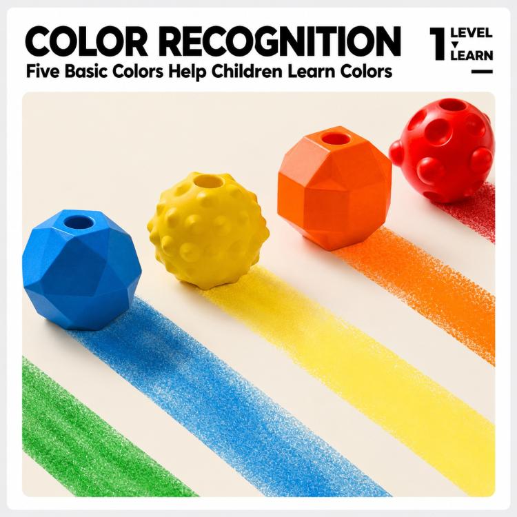 Color-learning tactile crayon shapes across rainbow pastel stripes: red, orange, blue, yellow