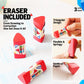 Eraser included with red triangular eraser and tactile crayon packaging for drawing