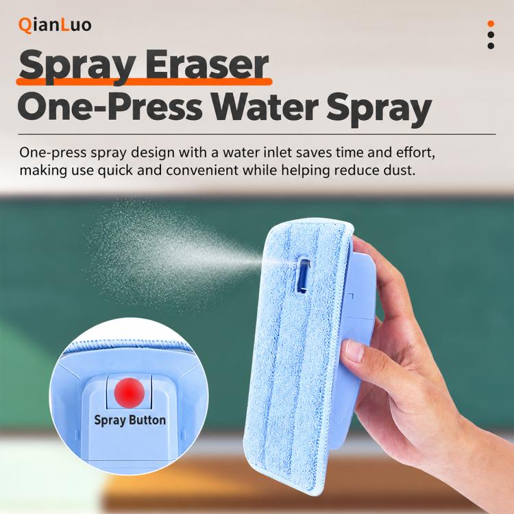 Blue spray eraser with microfiber pad spraying mist on board, held by hand
