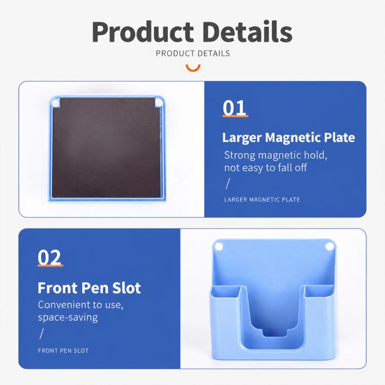 Blue magnetic board eraser with dark wiping pad and front pen slot