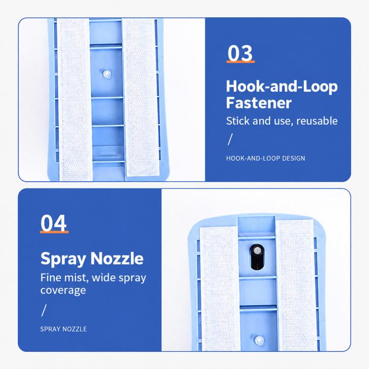 Blue board eraser with hook-and-loop cloth and spray nozzle compartment