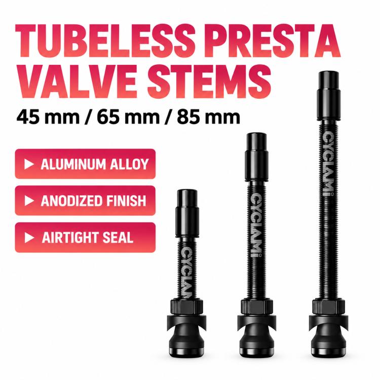 Tubeless Presta valve extender set with three black stem lengths: 45, 65, 85 mm