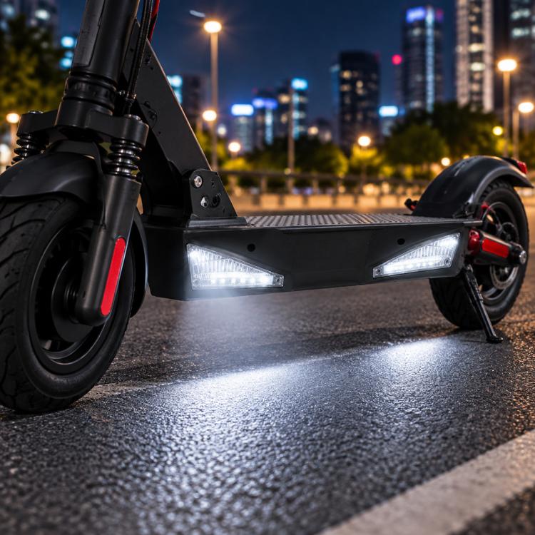 Black LED turn signal side lights with clear lens, mounted on electric scooter