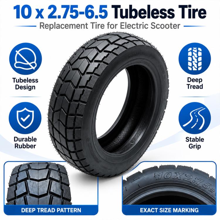 Black tubeless scooter tire with deep block tread, 10 x 2.75-6.5