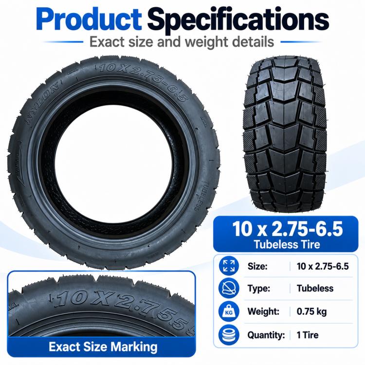 Tubeless scooter tire, 10 x 2.75-6.5, black with deep tread pattern