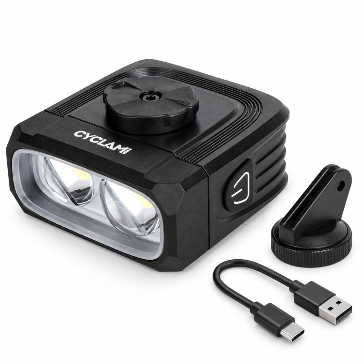 Front bike headlight with cutoff beam lens, mount bracket, and USB charging cable